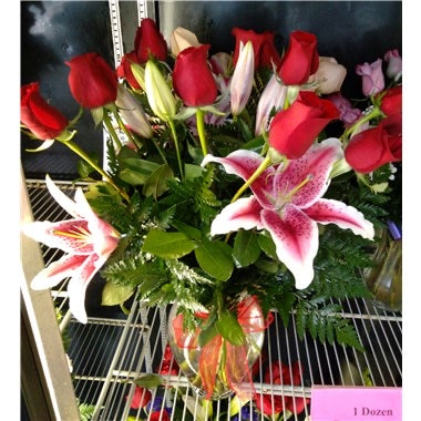 Dozen Roses with lilies