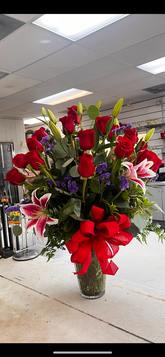 A Showstopper- Two Dozen Premium Rose Vase With Lilies